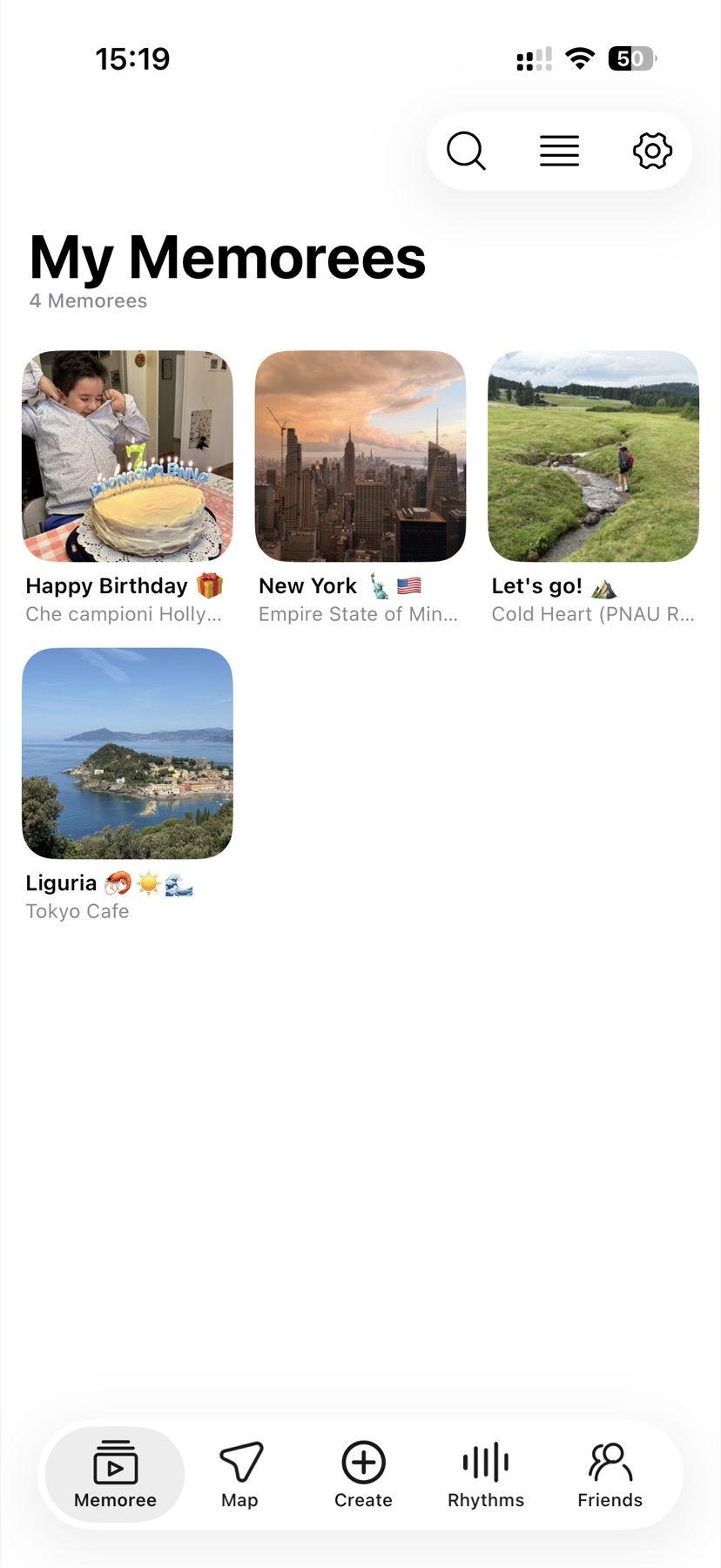 The MeMorees app open on iPhone, on the My Memorees library.